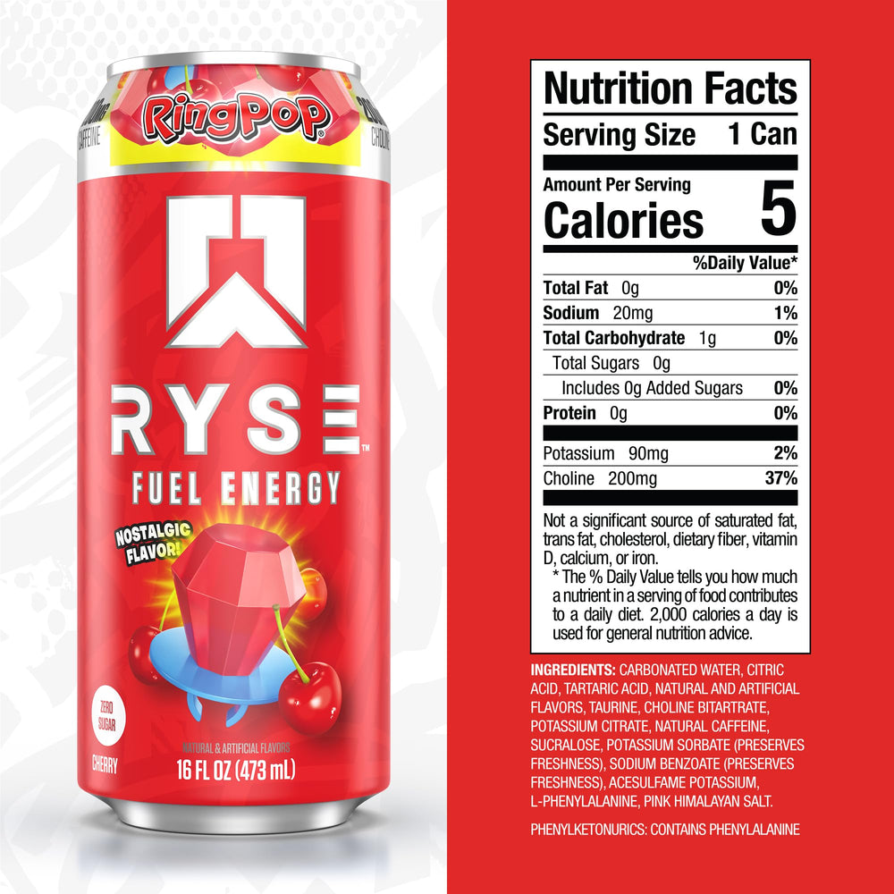 RYSE Fuel Ring Pop Cherry label close-up, highlighting zero sugar and vegan formula.