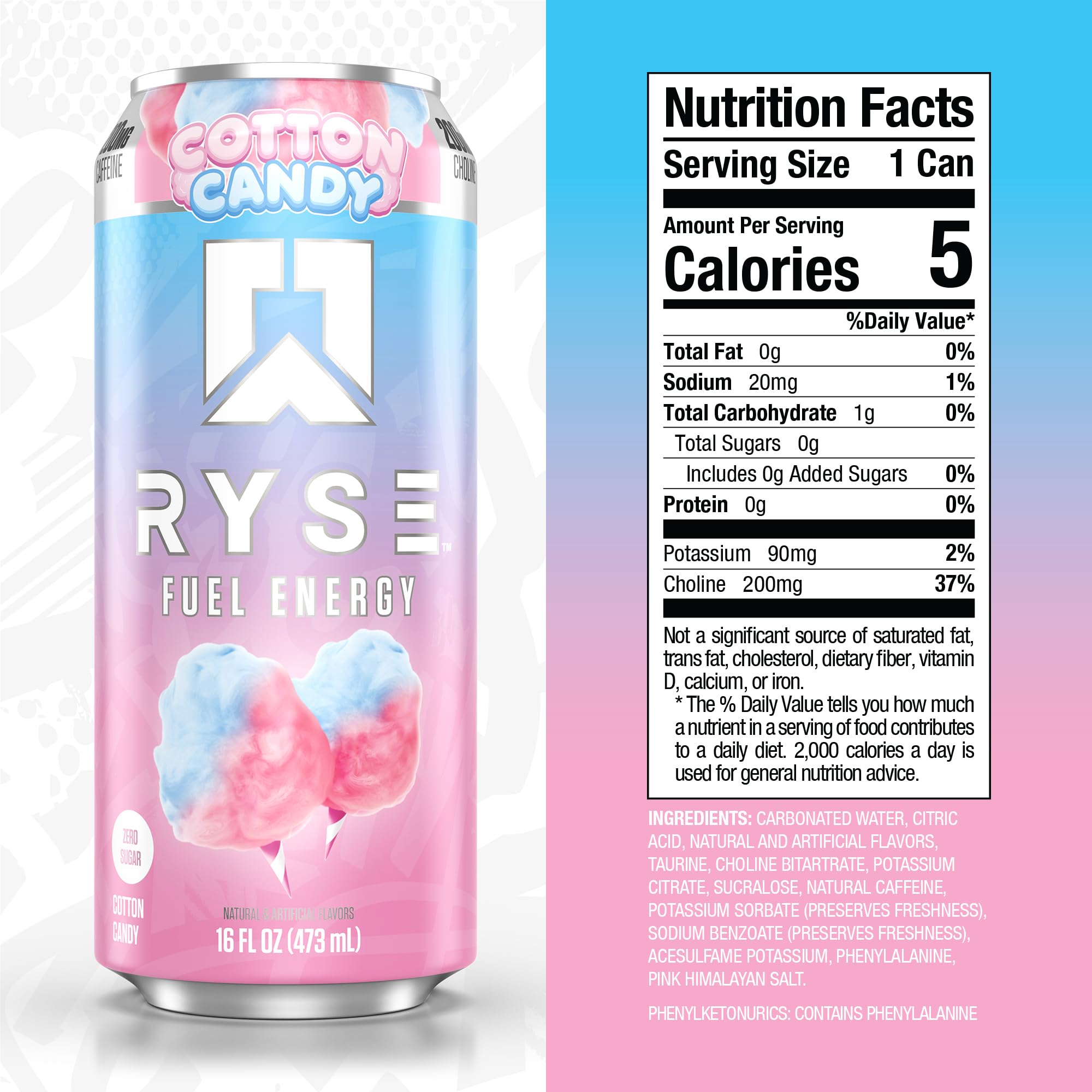 RYSE Fuel Cotton Candy front label highlighting zero sugar and vegan attributes.