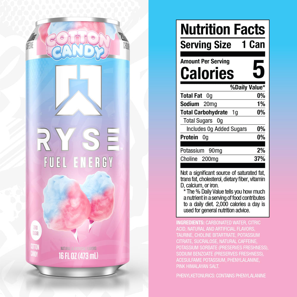 RYSE Fuel Cotton Candy front label highlighting zero sugar and vegan attributes.