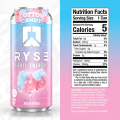 RYSE Fuel Cotton Candy front label highlighting zero sugar and vegan attributes.