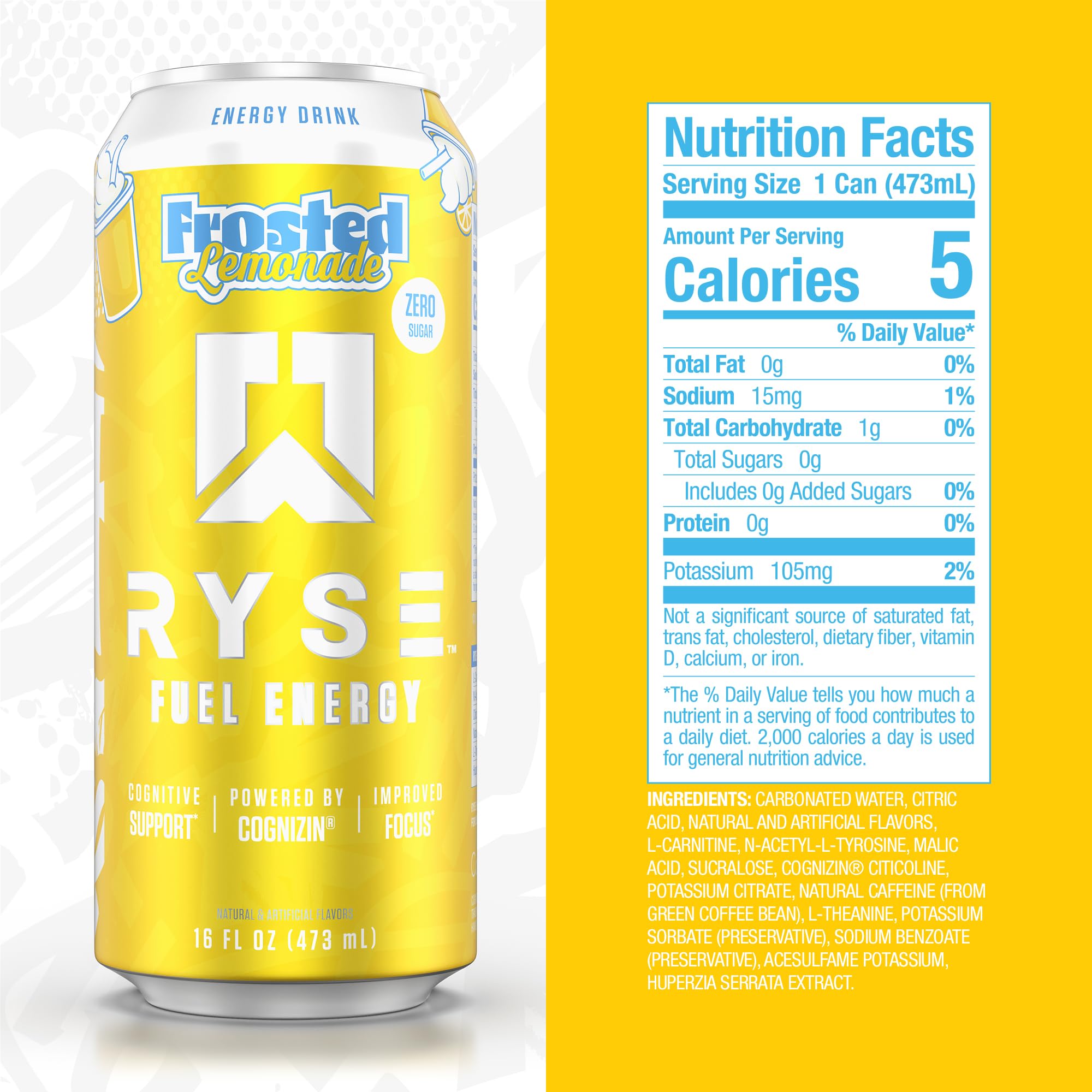 Close-up of RYSE Fuel Lemonade can with bold frost detail and caffeine claim