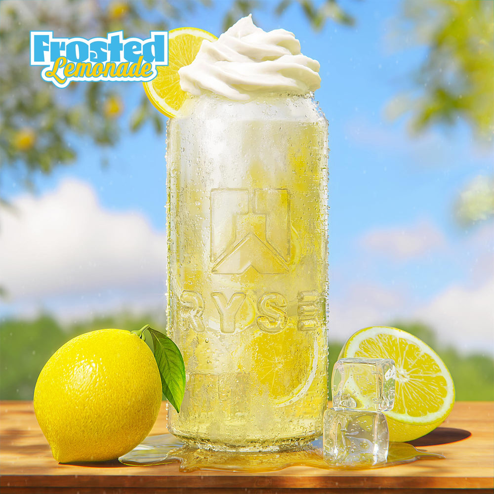 Colorful RYSE Fuel Lemonade flavor swatch and branding on the can