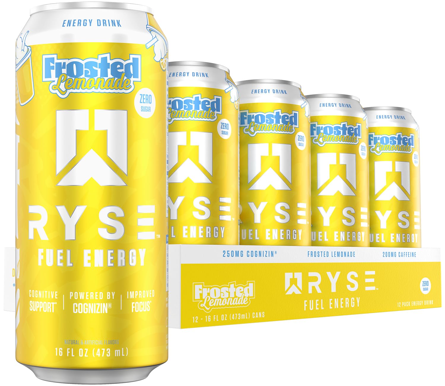 RYSE Fuel Frosted Lemonade can front view highlighting sugar-free energy benefits