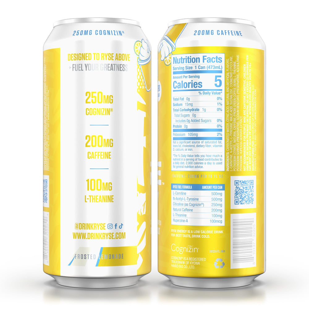 Nutritional facts panel on RYSE Fuel Lemonade can in focus