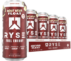 RYSE Fuel Root Beer Float can showing sugar-free energy and focus-ready benefits