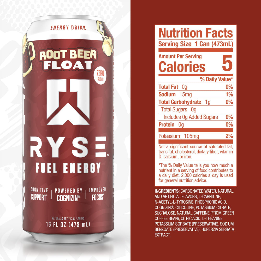 RYSE Fuel Root Beer Float pour highlights smooth caffeine energy for study or workouts