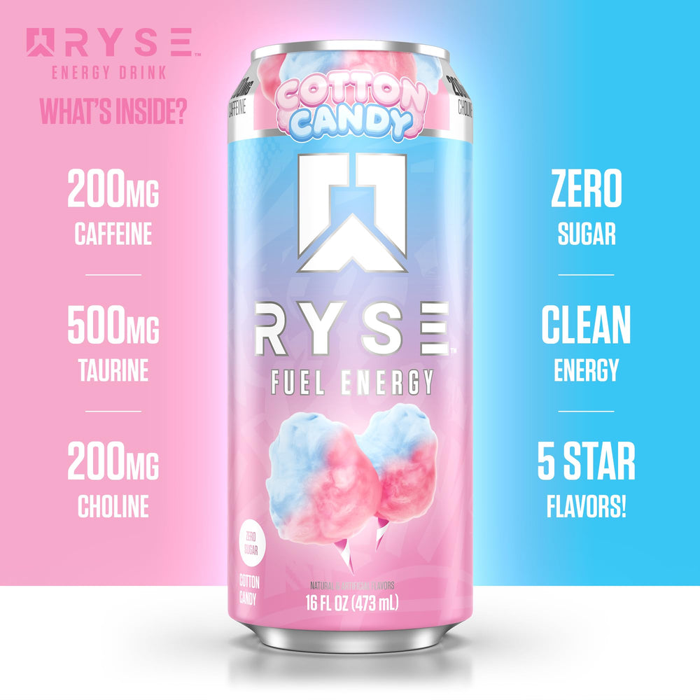 Icons indicate vegan and gluten-free status for RYSE Fuel Cotton Candy.