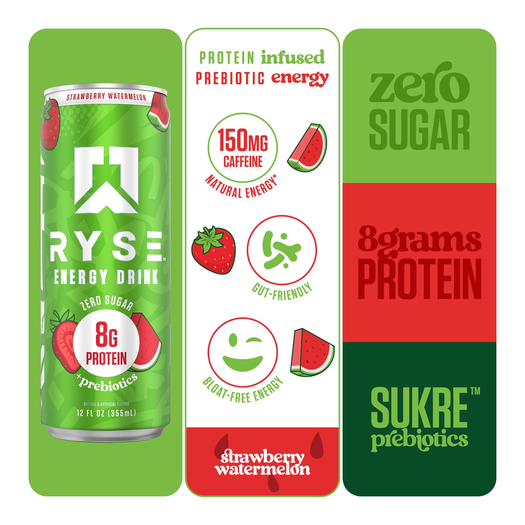 Close-up of ingredients panel showing 8g protein and 1g prebiotic