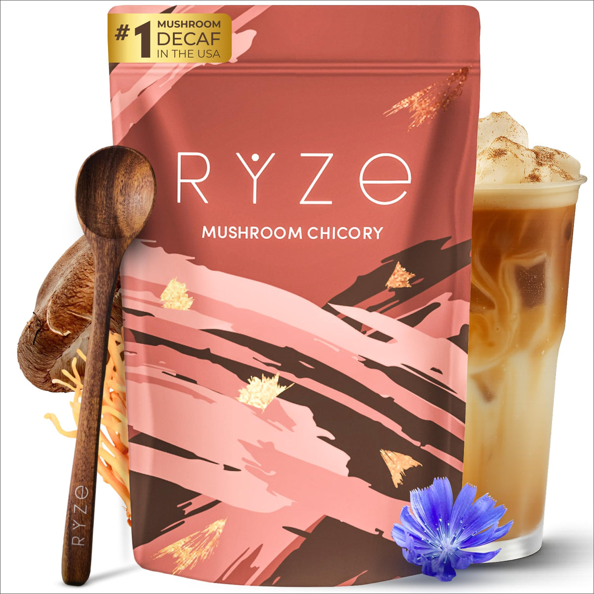 RYZE Mushroom Chicory packshot shows a caffeine-free morning ritual option