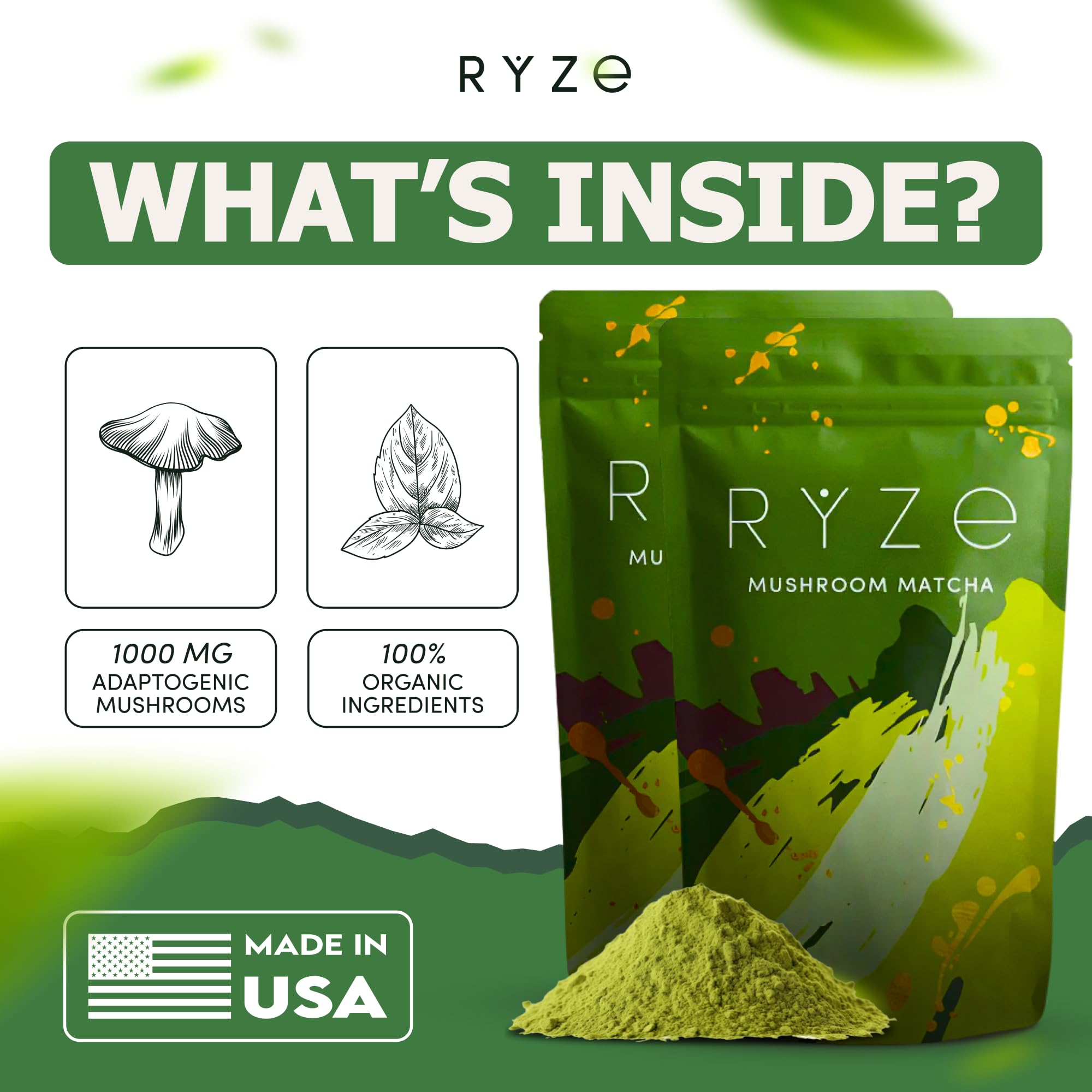 RYZE SUPERFOODS Latte prep image conveys creamy texture and inviting aroma for morning routines.