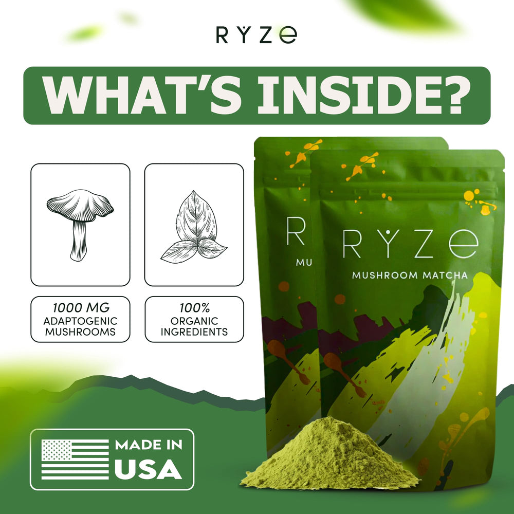 RYZE SUPERFOODS Latte prep image conveys creamy texture and inviting aroma for morning routines.