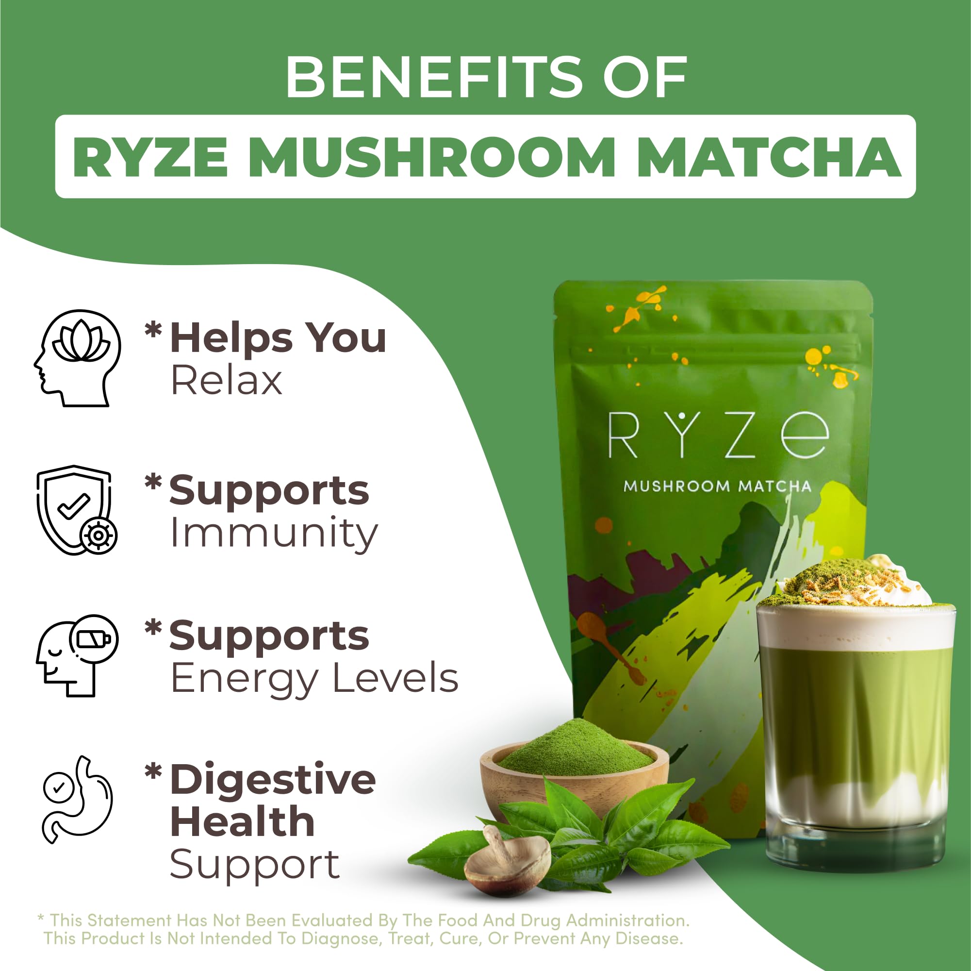 RYZE SUPERFOODS Matcha ceremonial-grade jar label signals premium antioxidants and smooth, focused energy.