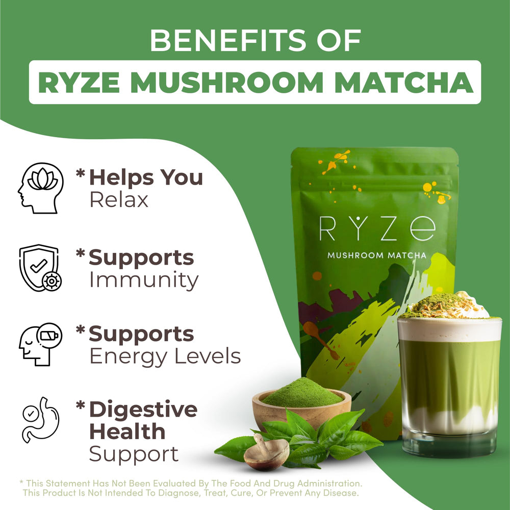 RYZE SUPERFOODS Matcha ceremonial-grade jar label signals premium antioxidants and smooth, focused energy.