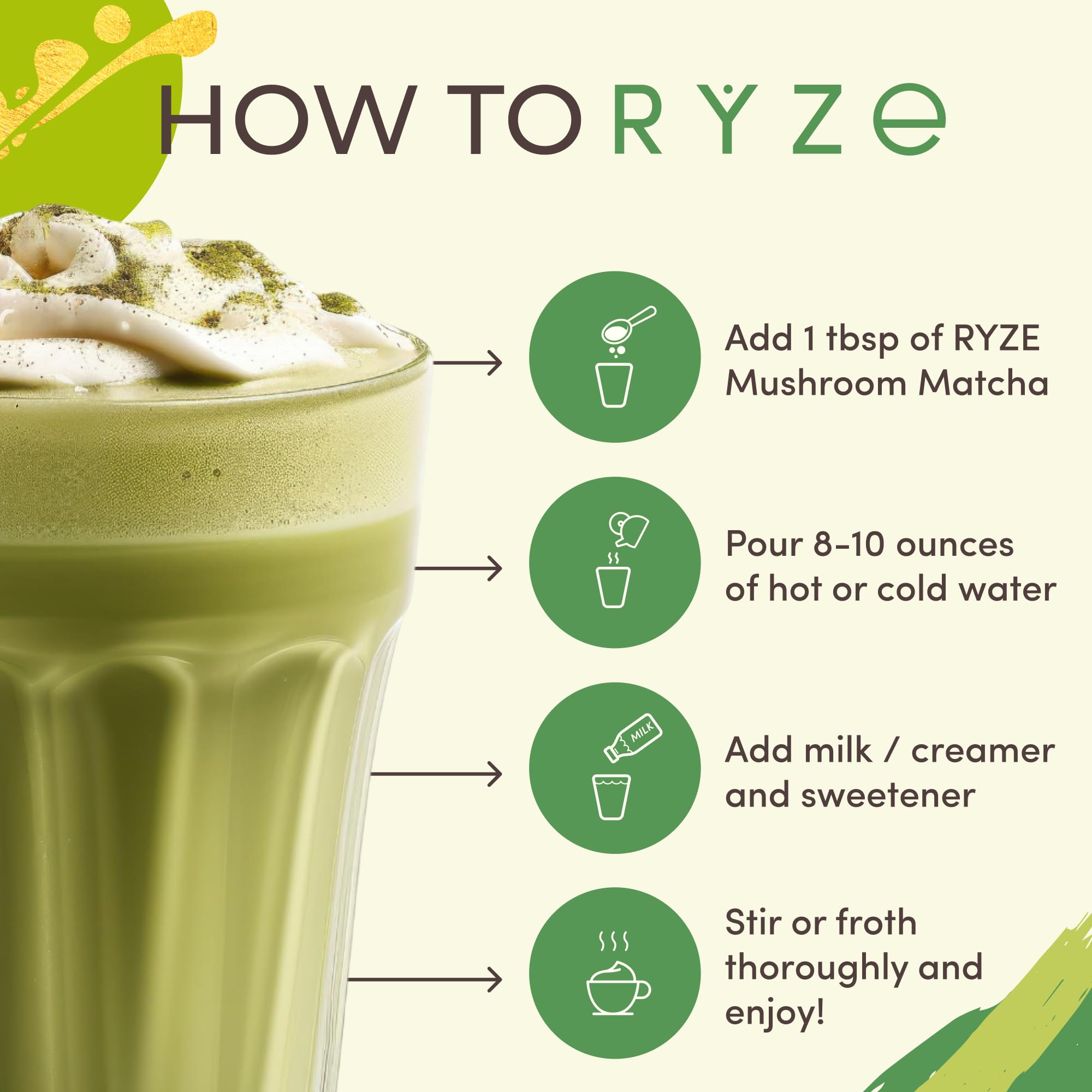 RYZE SUPERFOODS Morning routine with matcha suggests steady energy and improved focus throughout the day.