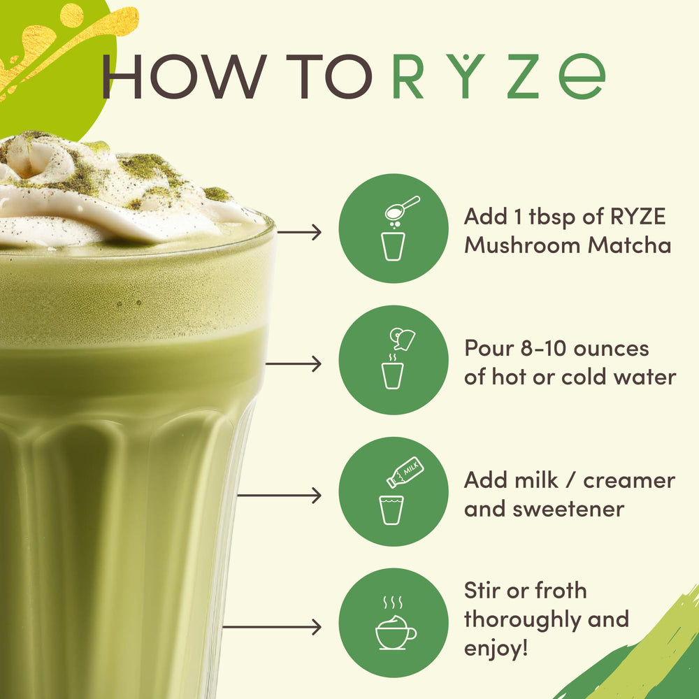 RYZE SUPERFOODS Morning routine with matcha suggests steady energy and improved focus throughout the day.