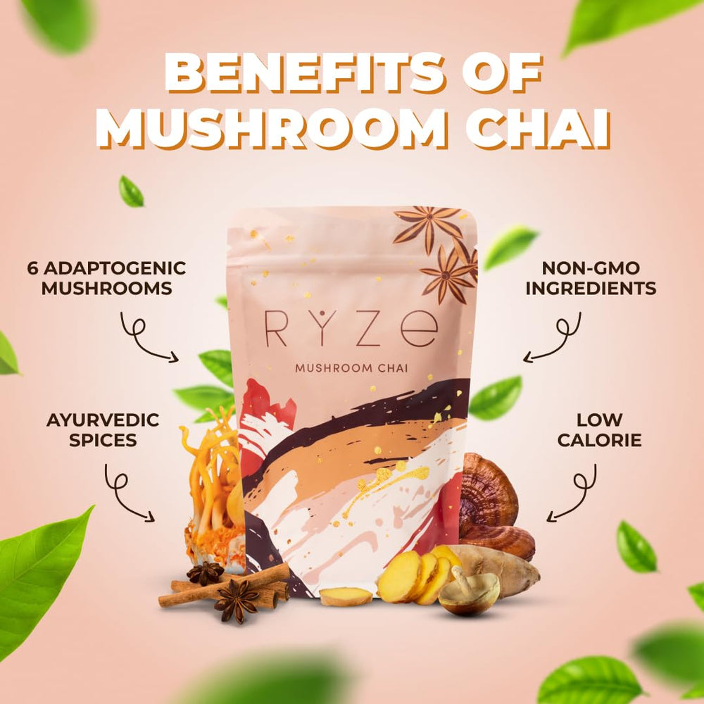 Close-up of RYZE Mushroom Chai blend highlighting six mushrooms