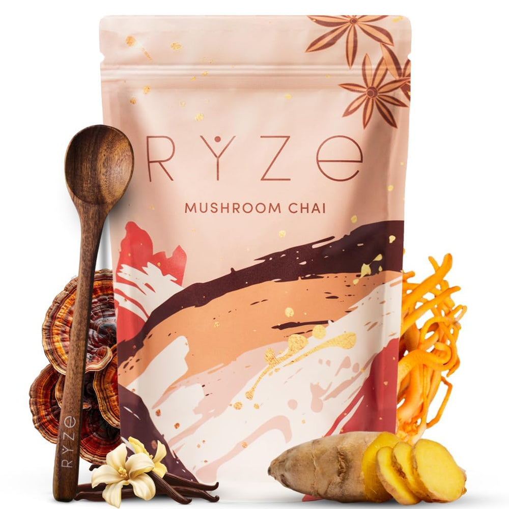 RYZE Mushroom Chai bottle on counter suggesting daily energy
