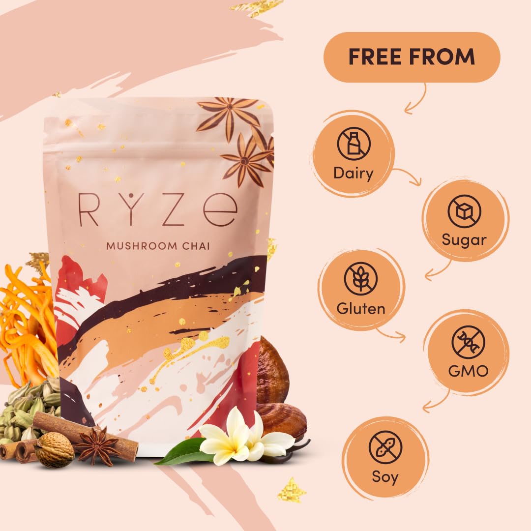 Cup of RYZE Mushroom Chai with steam and spice aroma