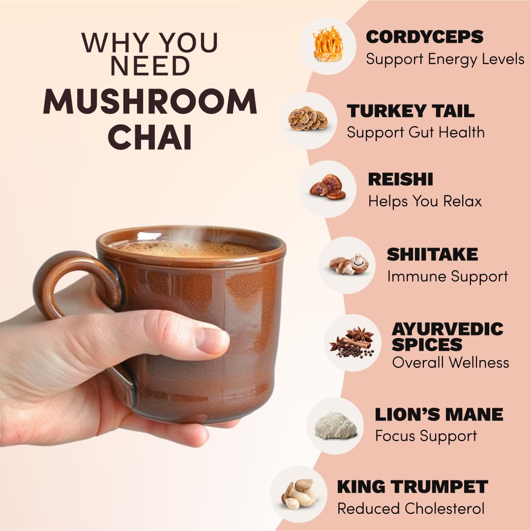 Pouring steam from a mug of RYZE Mushroom Chai