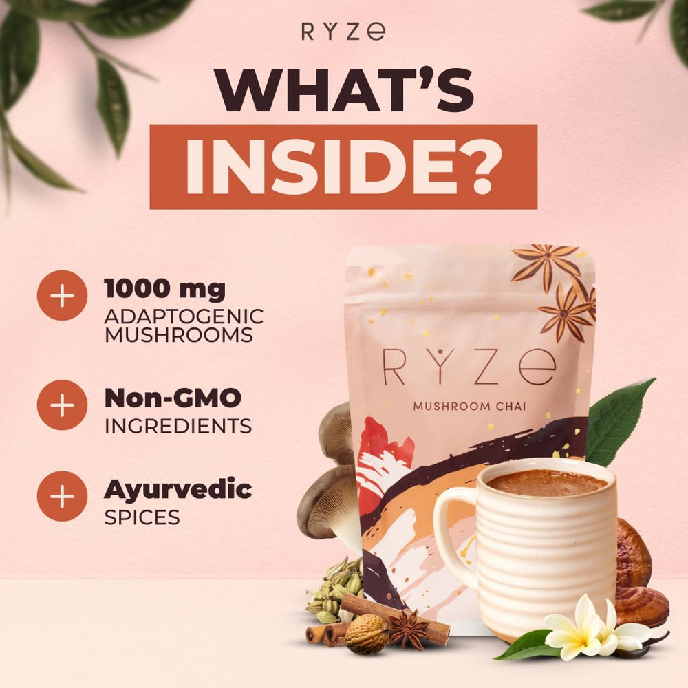 Spoon scooping RYZE Mushroom Chai powder for quick mixing