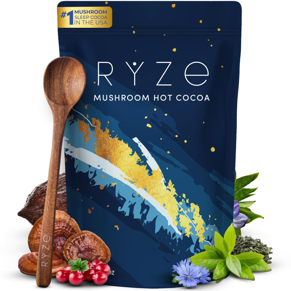 RYZE Superfoods Mushroom Hot Cocoa package label highlights sleep-support blend