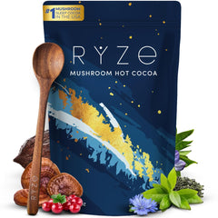 RYZE Superfoods Mushroom Hot Cocoa package label highlights sleep-support blend
