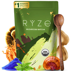RYZE SUPERFOODS Mushroom Matcha bag closeup shows premium powder texture for daily energy