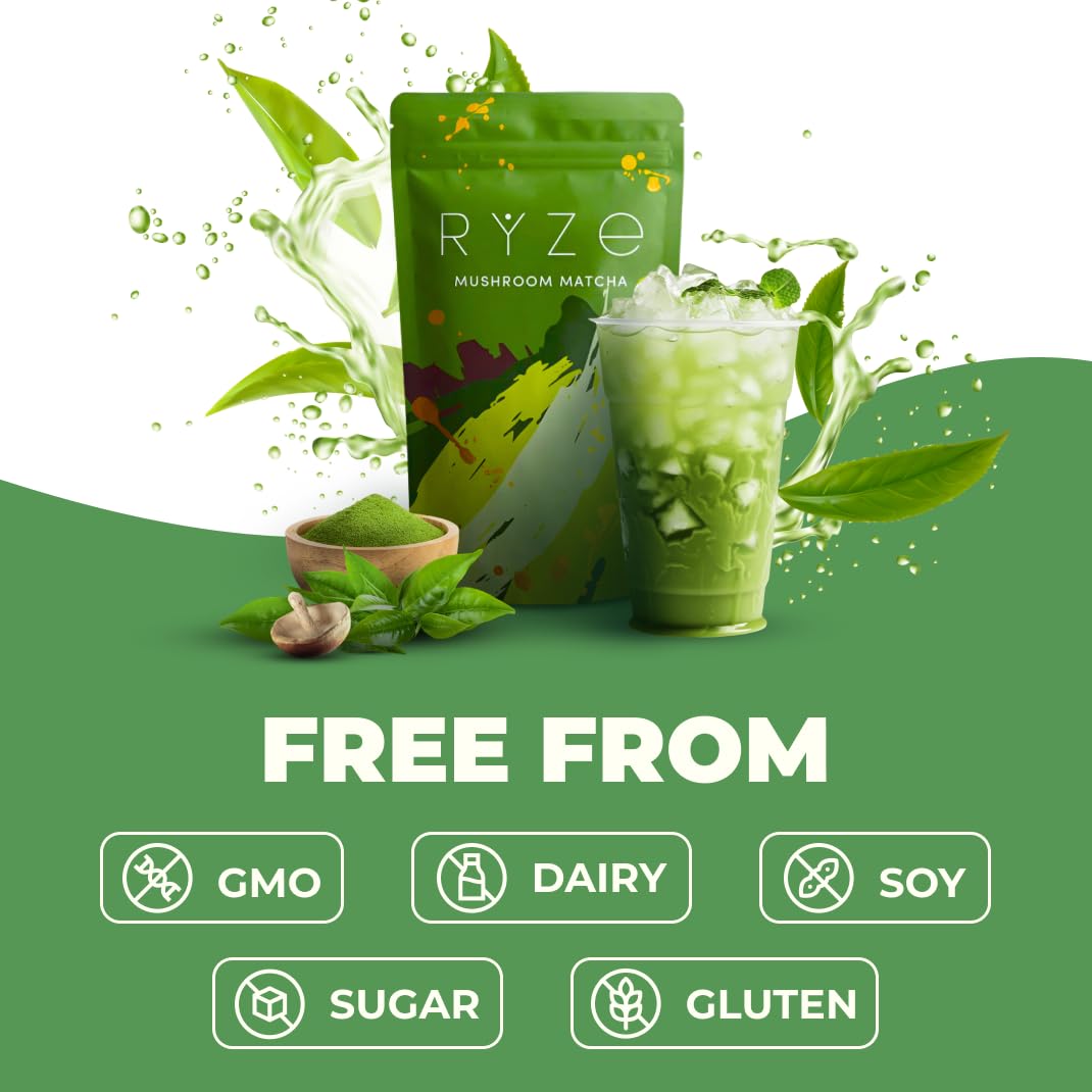 RYZE SUPERFOODS Mushroom Matcha blue spirulina powder beside vibrant blend