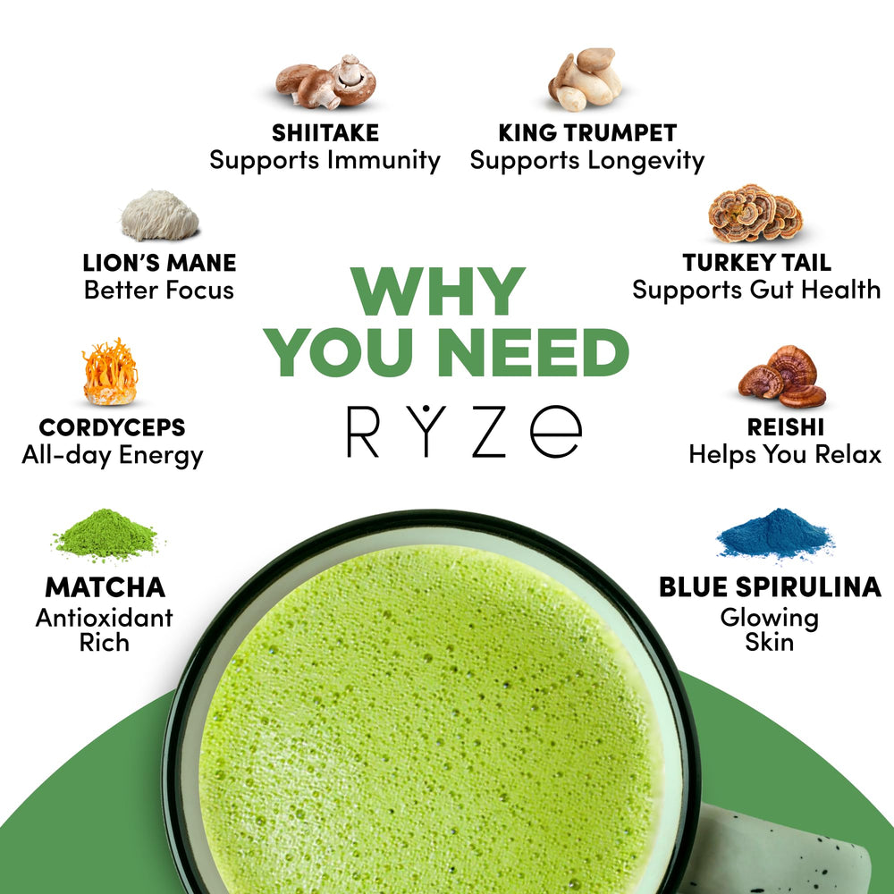 RYZE SUPERFOODS Mushroom Matcha cup latte pouring reveals smooth focus potential