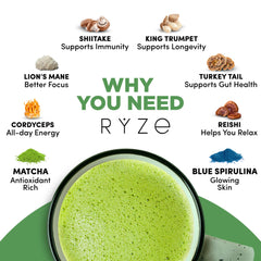 RYZE SUPERFOODS Mushroom Matcha cup latte pouring reveals smooth focus potential