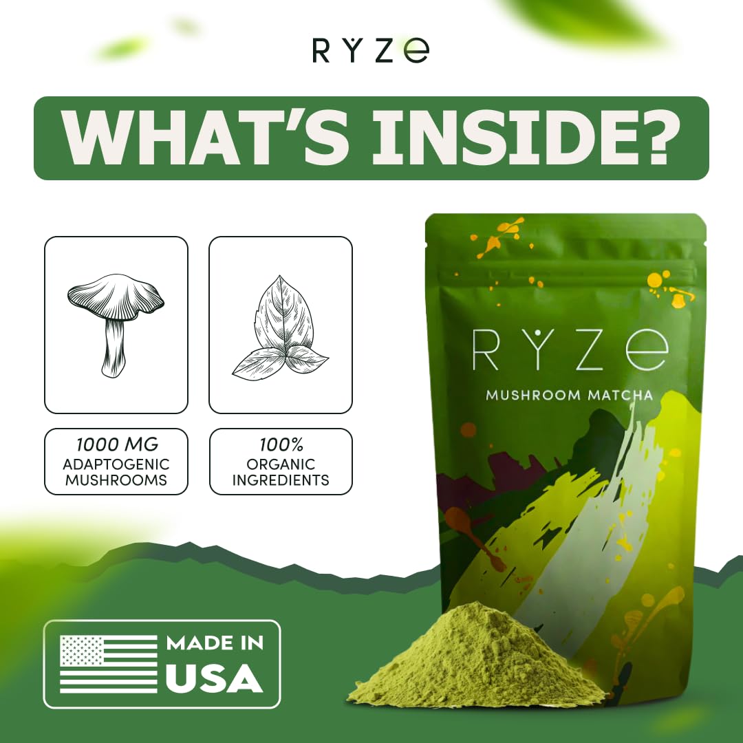 RYZE SUPERFOODS Mushroom Matcha mug with steam signals energized mornings