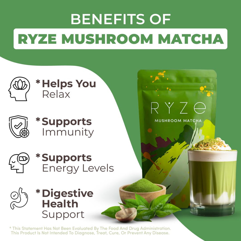 RYZE SUPERFOODS Mushroom Matcha packaging highlights USDA Organic California-grown mushrooms