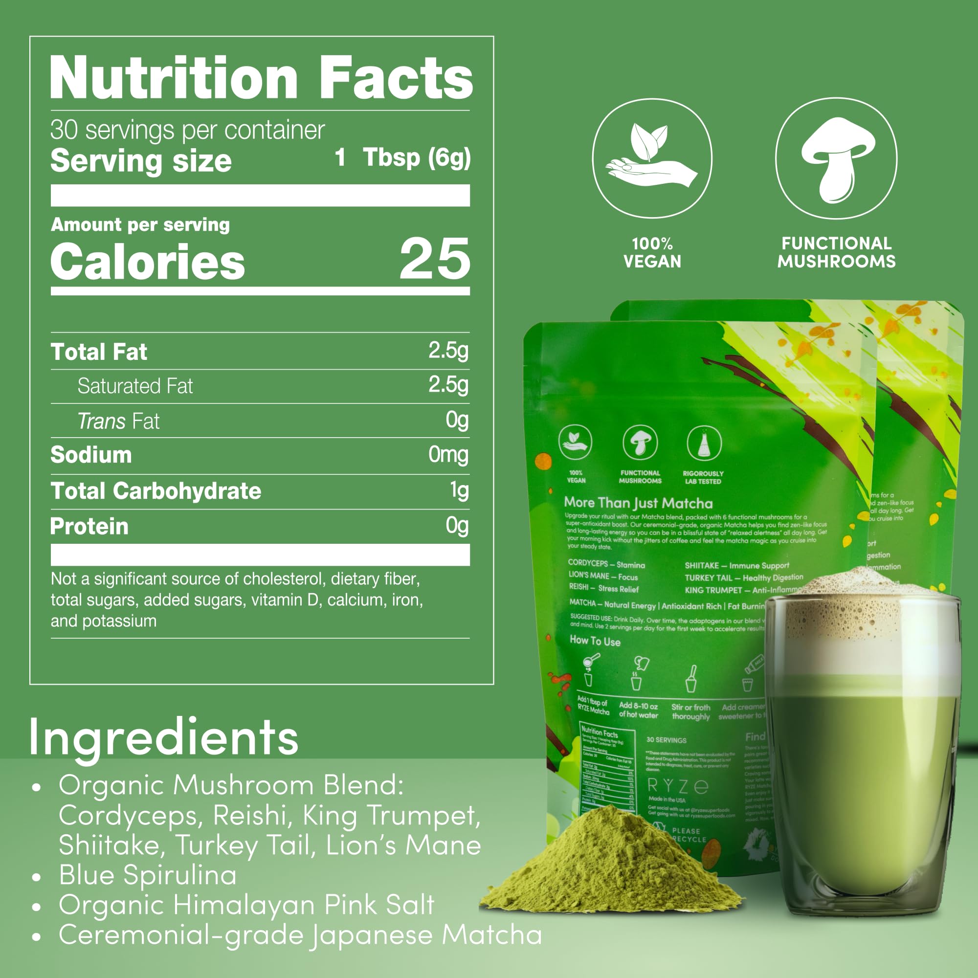 RYZE SUPERFOODS Mushroom Matcha powder tin closeup emphasizes rich texture ideal for energizing beverages.