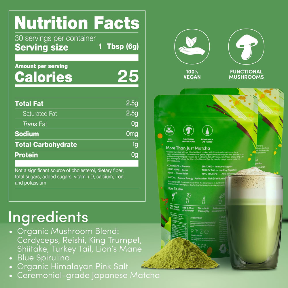 RYZE SUPERFOODS Mushroom Matcha powder tin closeup emphasizes rich texture ideal for energizing beverages.