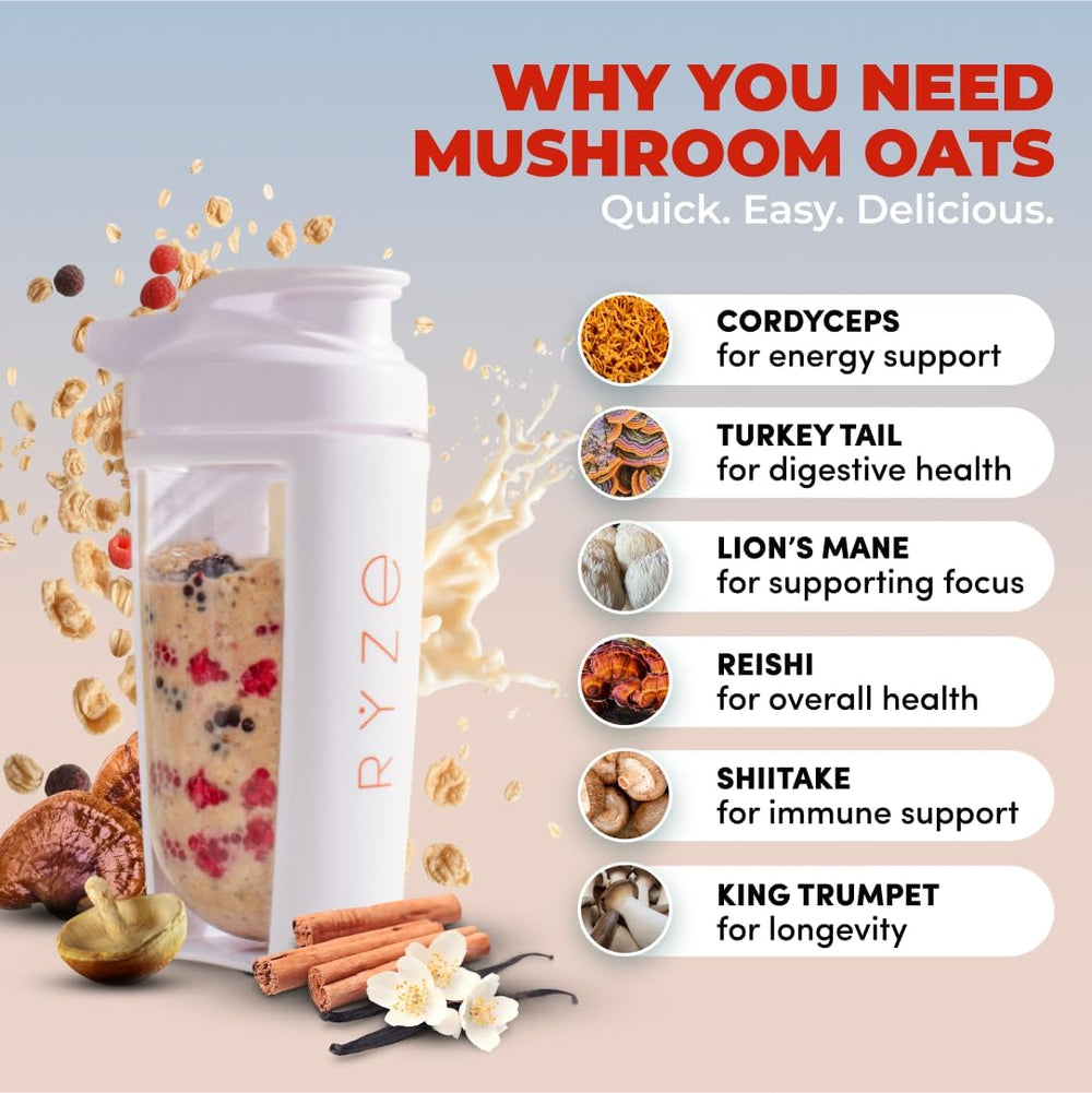 RYZE SUPERFOODS Mushroom Protein Overnight Oats close-up highlights six adaptogenic mushrooms