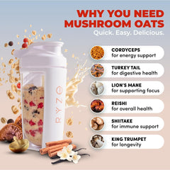 RYZE SUPERFOODS Mushroom Protein Overnight Oats close-up highlights six adaptogenic mushrooms