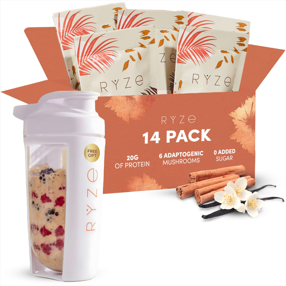 RYZE Superfoods packaging for Mushroom Protein Overnight Oats with 14 servings, clean labeling.