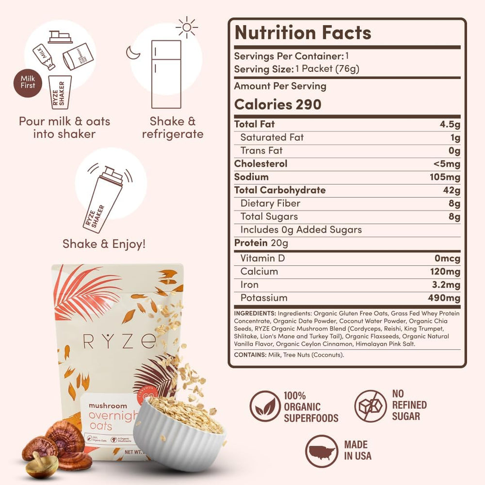 RYZE SUPERFOODS Overnight Oats in glass jar illustrating easy overnight prep with whey and chia
