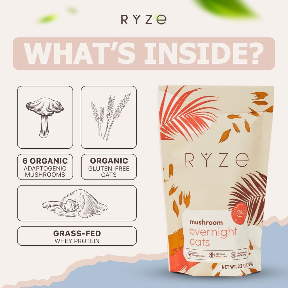 RYZE SUPERFOODS Packaging front shows gluten-free oats and protein blend