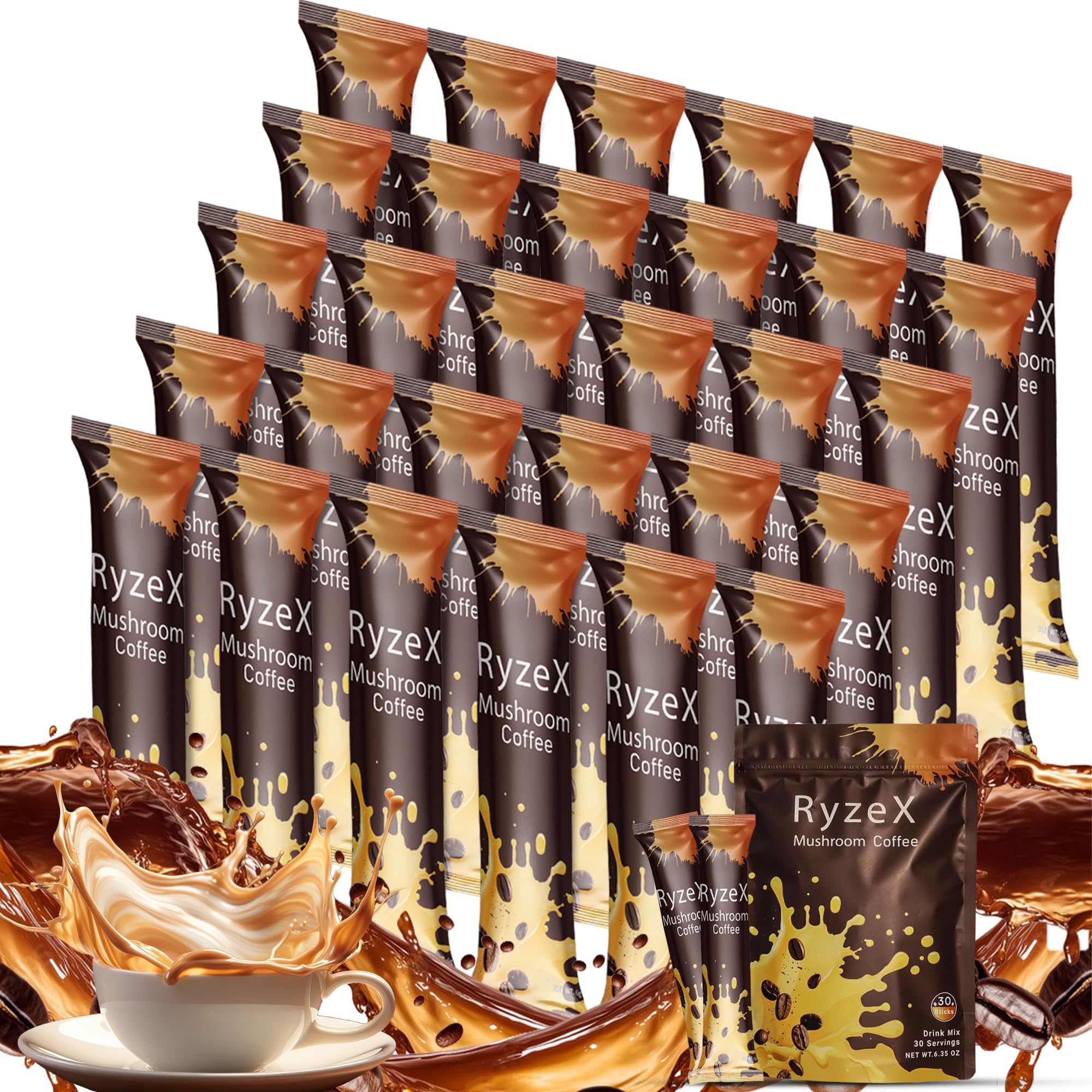 RyzeX Mushroom Coffee sticks in a 30-serving pouch for on-the-go energy