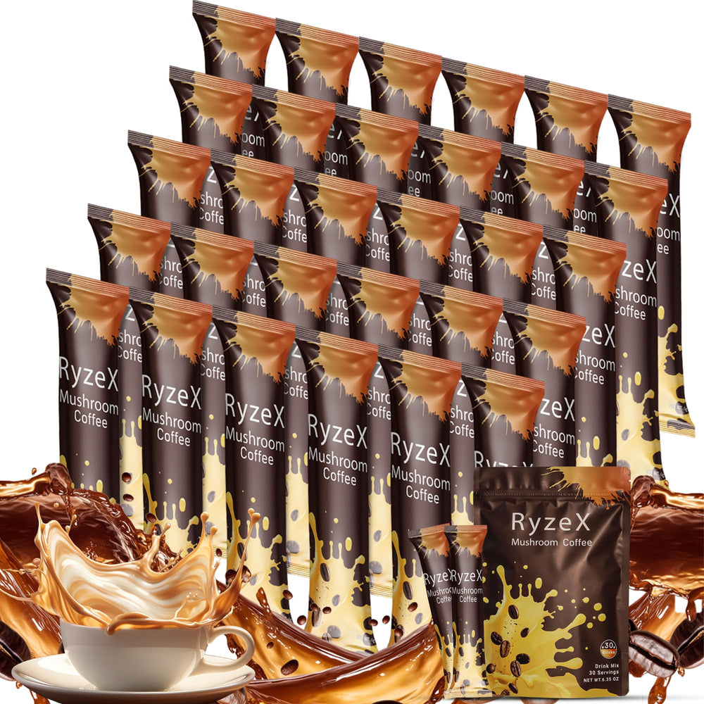 RyzeX Mushroom Coffee sticks in a 30-serving pouch for on-the-go energy