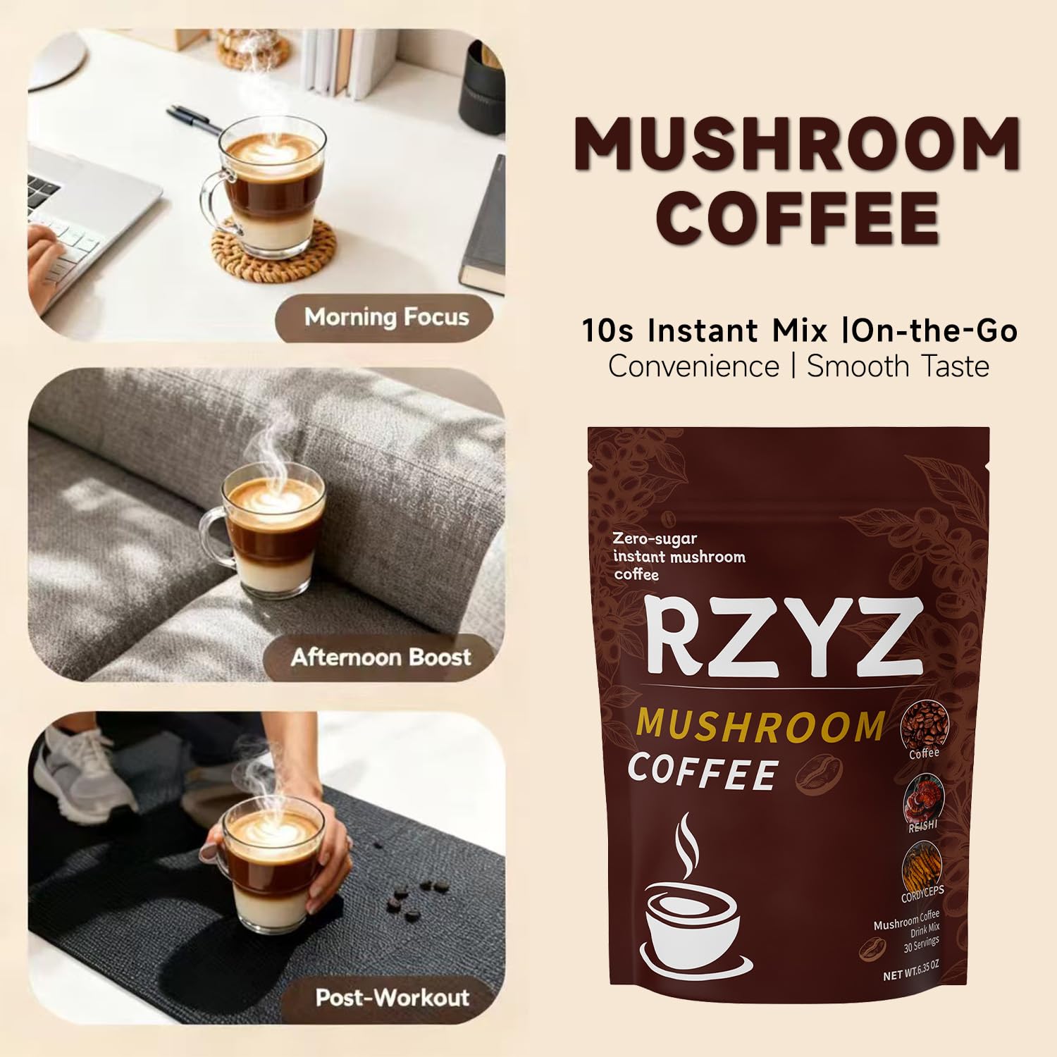 RZYZ Mushroom Coffee MCT oil image emphasizes sustained energy support.