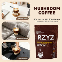 RZYZ Mushroom Coffee MCT oil image emphasizes sustained energy support.