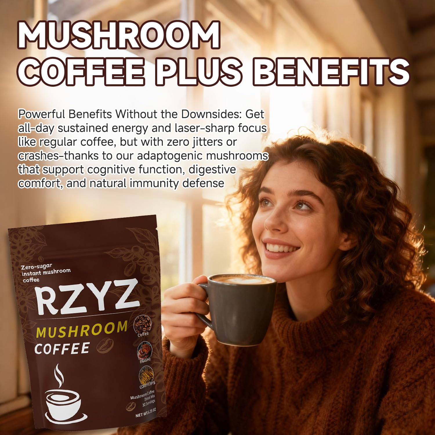 RZYZ Mushroom Coffee on-the-go pouch supports busy routines anywhere.