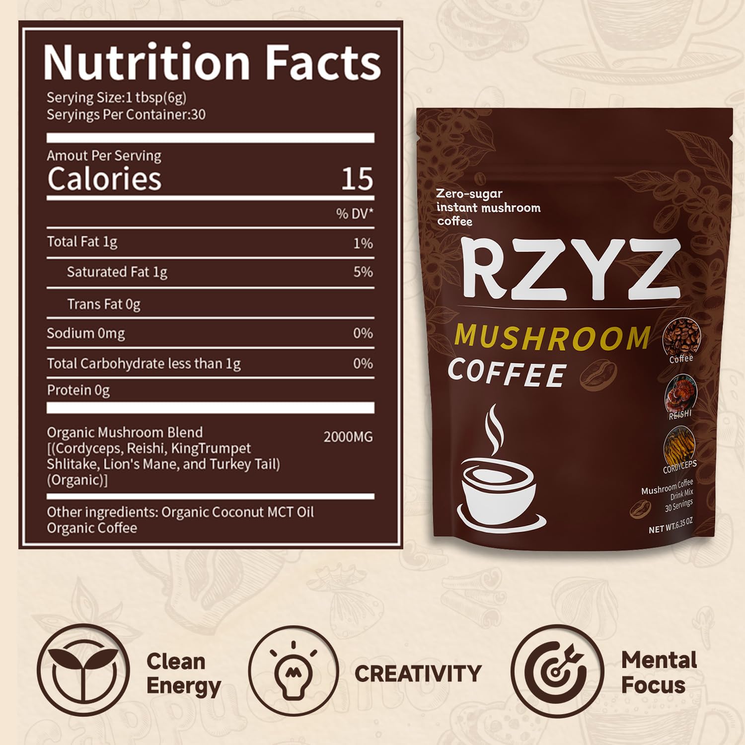 RZYZ Mushroom Coffee powder scoop shows quick, sugar-free servings.
