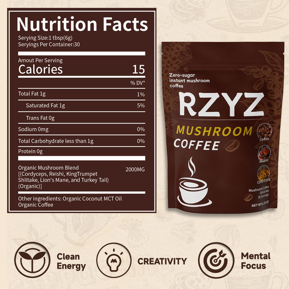 RZYZ Mushroom Coffee powder scoop shows quick, sugar-free servings.