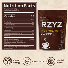 RZYZ Mushroom Coffee powder scoop shows quick, sugar-free servings.