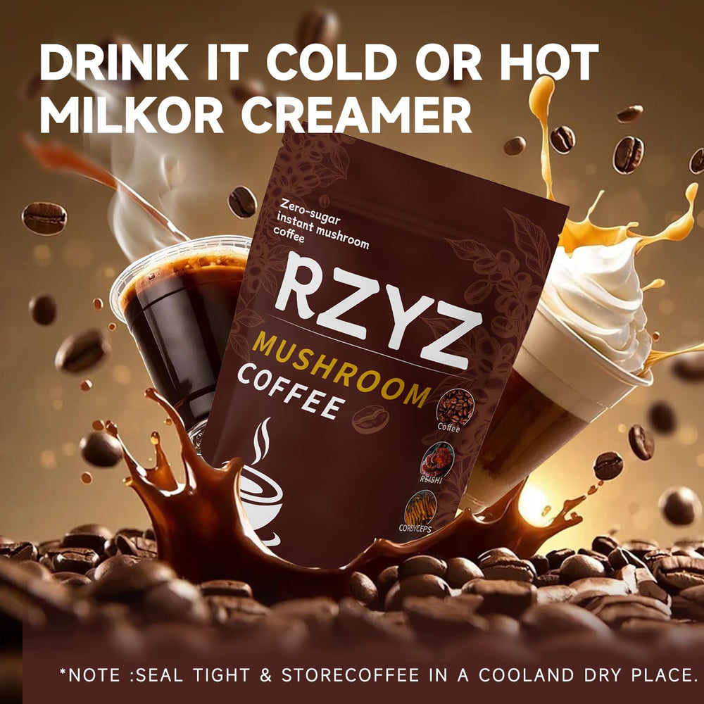 RZYZ Mushroom Coffee six-mushrooms icons illustrate the blend of ingredients.