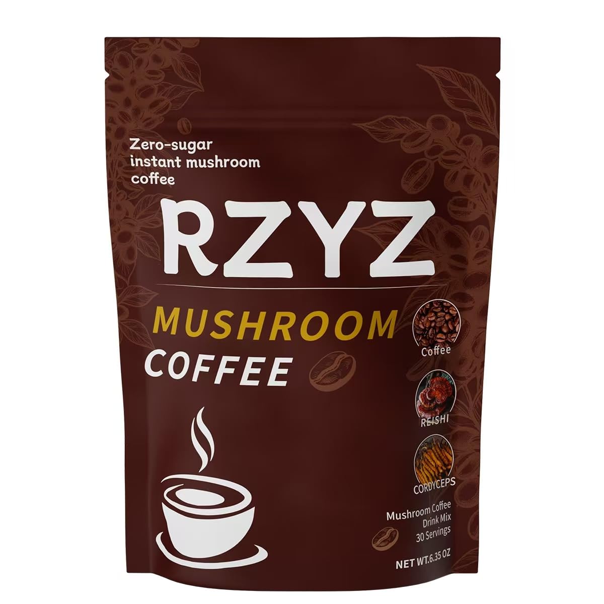 RZYZ Mushroom Coffee steaming cup highlights aroma and energy potential.