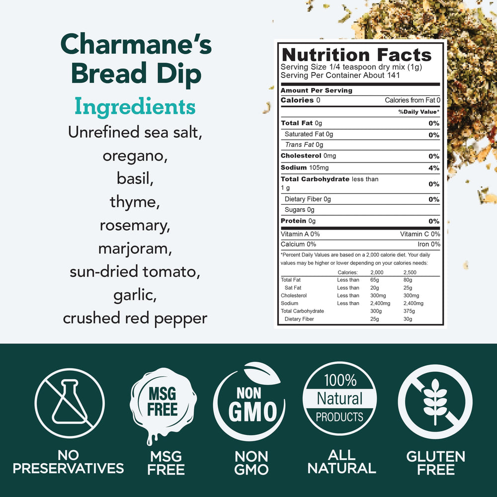 Pouring olive oil with Charmane's Bread Dip, showcasing savory aroma
